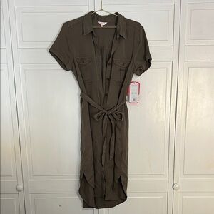 Short Sleeve Shirt Midi Dress with Tie Belt - Olive